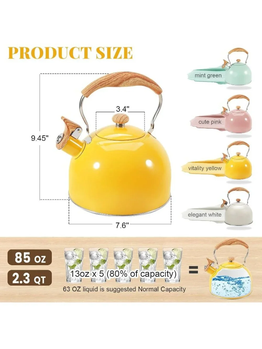 GGC Yellow Stainless Steel Kettles 2.6QT Whistling Stove Top Folding Wood Handle